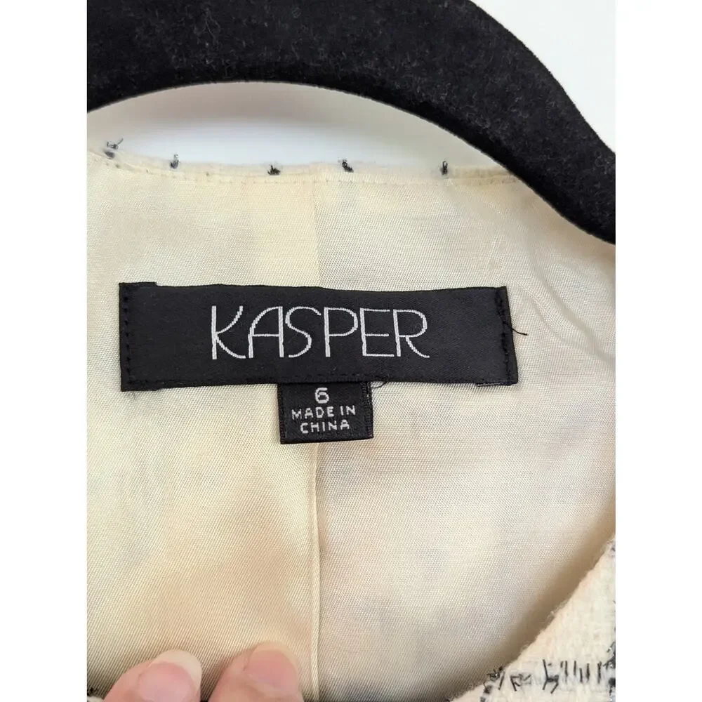 Kasper Tweed Plaid Jacket Blazer 6 Ivory Black Trim Collarless Chanel Style